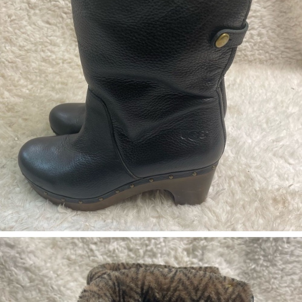 UGG Cora Lynn fold over leather black sheepskin lining clog boots size 9